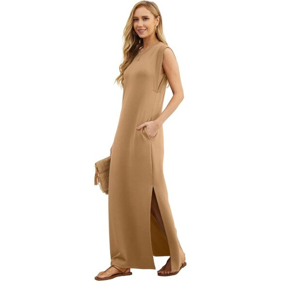 Grecerelle Women Camel Round Neck Loose Split Wrinkle-Free Long Maxi Dress - Picture 2 of 6